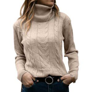 Womens Beige Pull On Cable Knit Turtleneck Long Sleeve Casual Warm Sweaters